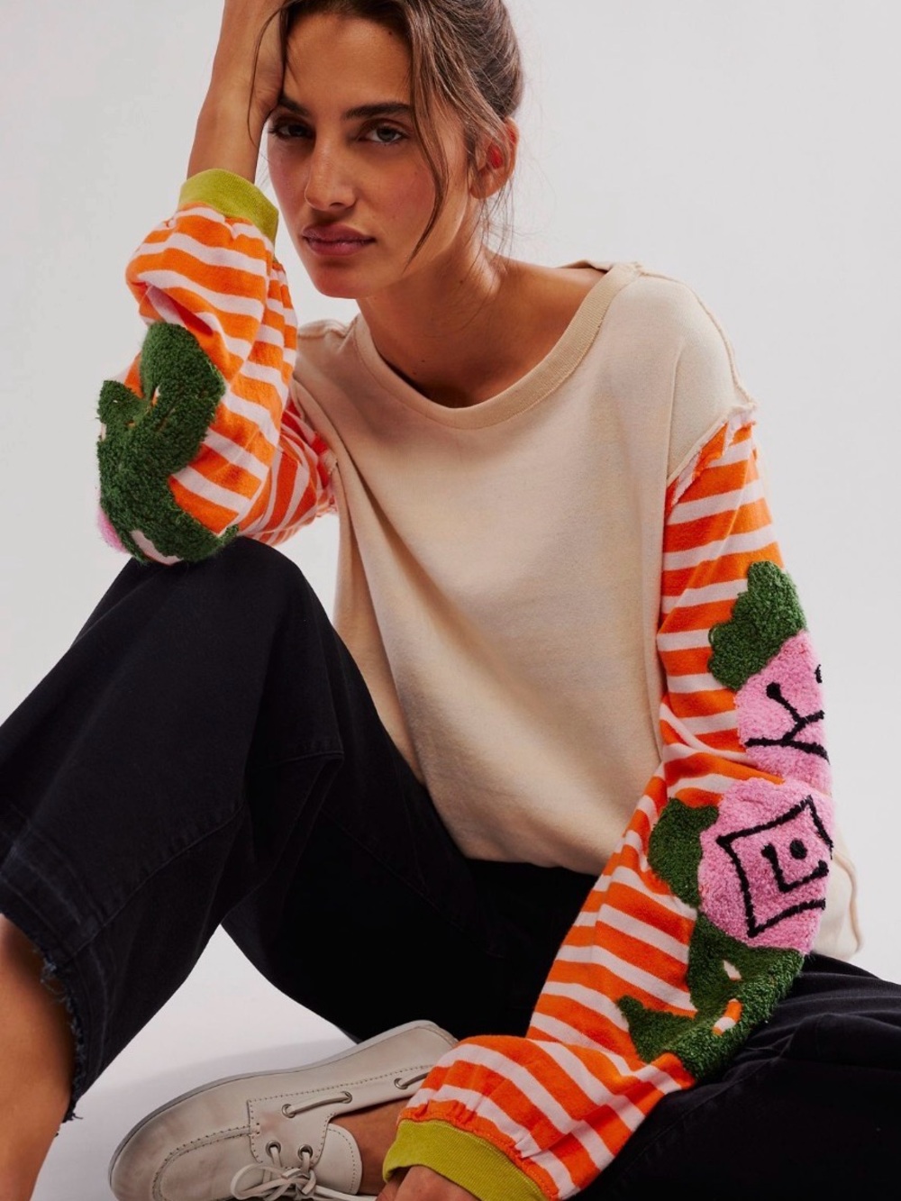 We The Free Rose Stem T Cream Crewneck with Orange Striped Floral Sleeves